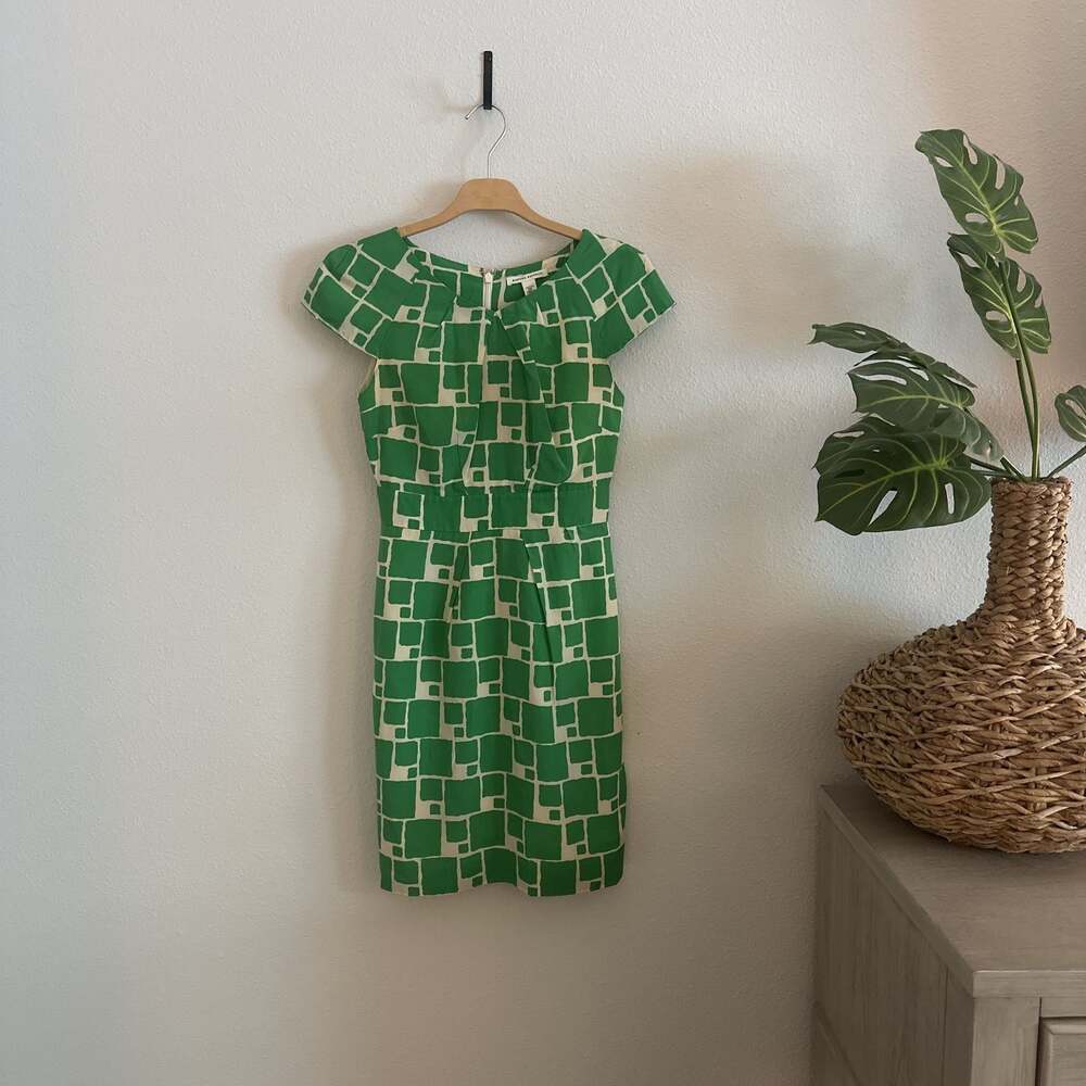 Banana Republic Womens Petite 0P Green Geometric Silk Cotton Cap Sleeve Dress